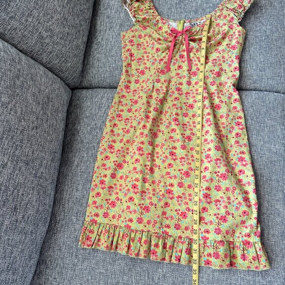 VTG D.B.Y. Mini Dress Yellow Pink Floral Ruffle Bow Accent Size 13/14 - Picture 6 of 8